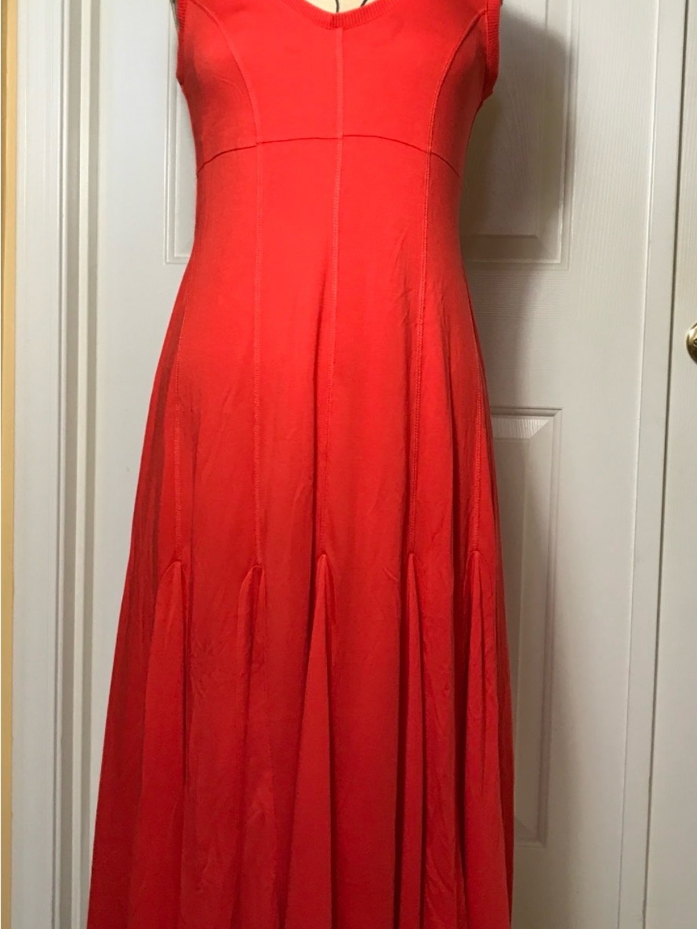 Maeve Citrus Orange Red Midi sleeveless knit jersey Dress with A-Line Panels